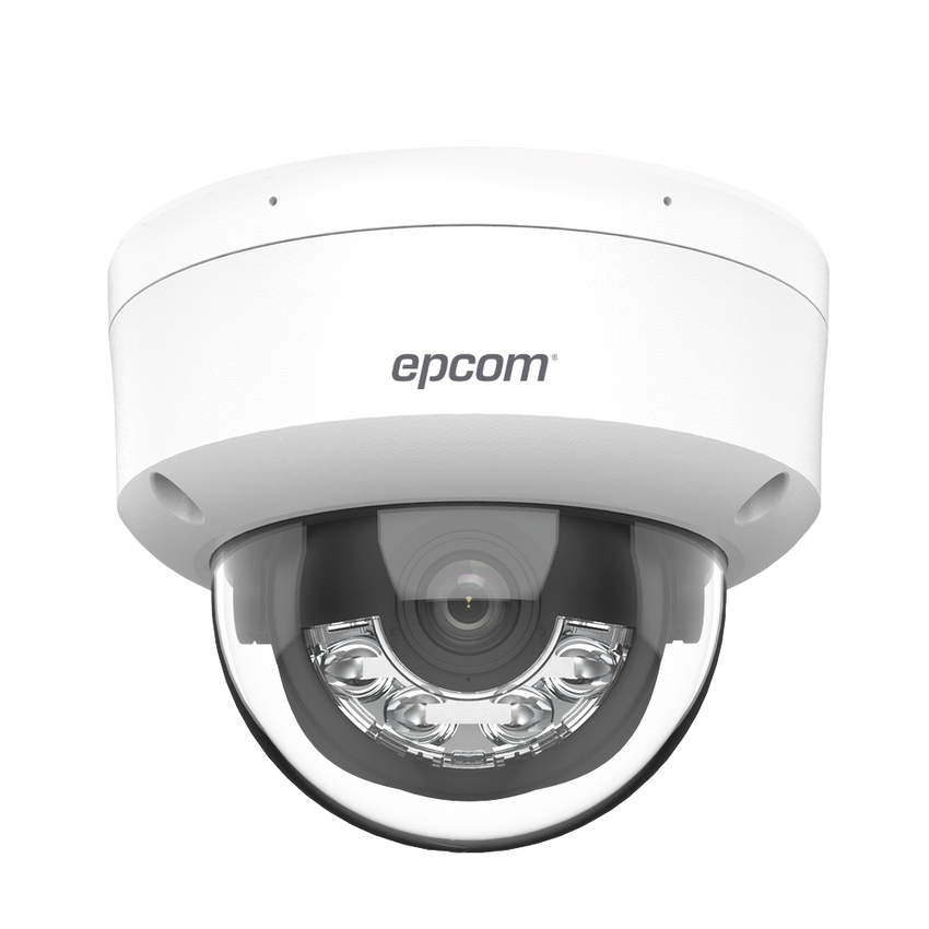 Domo IP 4 Megapixel / Lente 2.8 mm / Dual Light (30 mts IR + 30 mts Luz Blanca) / Micrófono Integrado / Antivandálico IK08 / ACUSENSE Lite / Exterior IP67 / H.265 / PoE / ONVIF / Micro SD