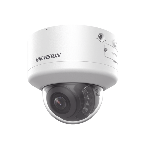 Domo IP 4 Megapixel / Lente Mot. 2.7 a 13.5 mm / Dual Light (40 mts IR + 40 mts Luz Blanca  / Exterior IP66 / IK10  / Audio y Alarma I/O / PoE+ / ONVIF / Micro SD / 4 Analíticos: AcuSense, Deteccion Facial, Conteo de Personas por Cruce y Zona