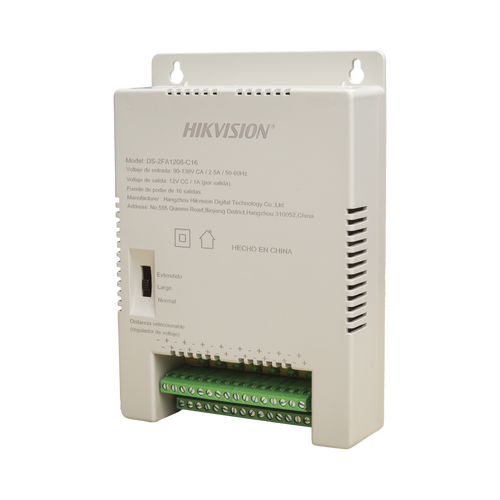 Fuente de Poder Regulada 12 Vcc / 13.5 Vcc / 15 Vcc para 16 Cámaras / 16 Amp (1 Amp por Salida) / Voltaje de Entrada 90 - 130 VCA / Soporta 4K / Modo para Largas Distancias