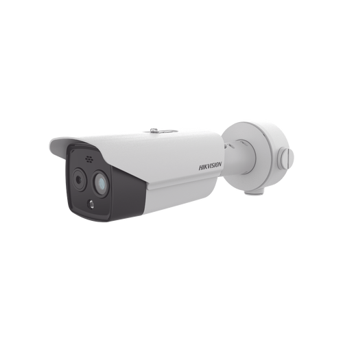 Bala IP Dual / Térmica 6.9 mm (256 x 192) / Óptico 6.4 mm (4 Megapixel) / 30 mts IR / Exterior IP67 / PoE / Termométrica / Detección de Temperatura / Sirena y Luz Intermitente Integrada / Micro SD