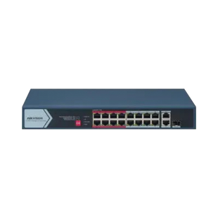 Switch PoE+ / No Administrable / 16 Puertos 10/100 Mbps PoE+ / 2 Puertos 1000 Mbps Uplink / 1 Puerto SFP Uplink / Modo Extendido hasta 300 Metros / 130 W