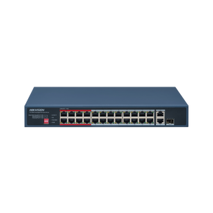 Switch PoE+ / No Administrable / 24 Puertos 10/100 Mbps PoE+ / 2 Puertos 1000 Mbps Uplink / 1 Puerto SFP Uplink / Modo Extendido hasta 300 Metros / 230 W