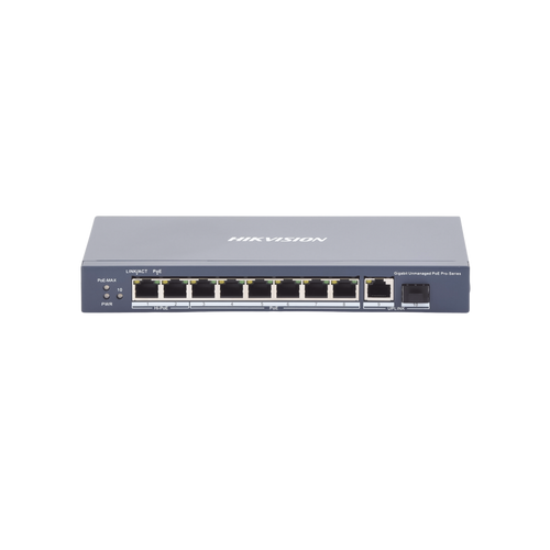 Switch PoE+ / No Administrable / 7 Puertos 1000 Mbps 802.3 af/at (30 W) / 2 Puertos 1000 Mbps Hi-PoE (90 W) / 1 Puertos 1000 Mbps Uplink / 1 Puerto SFP / Modo Extendido hasta 300 Metros / 110 Watts