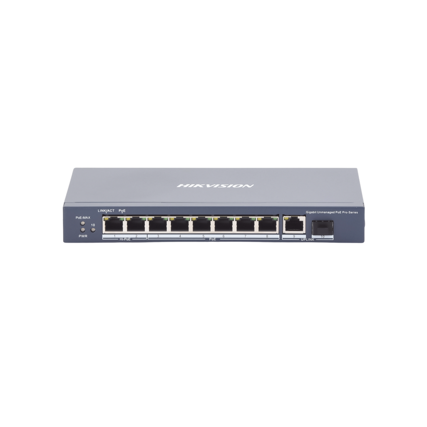 Switch PoE+ / No Administrable / 7 Puertos 1000 Mbps 802.3 af/at (30 W) / 2 Puertos 1000 Mbps Hi-PoE (90 W) / 1 Puertos 1000 Mbps Uplink / 1 Puerto SFP / Modo Extendido hasta 300 Metros / 110 Watts