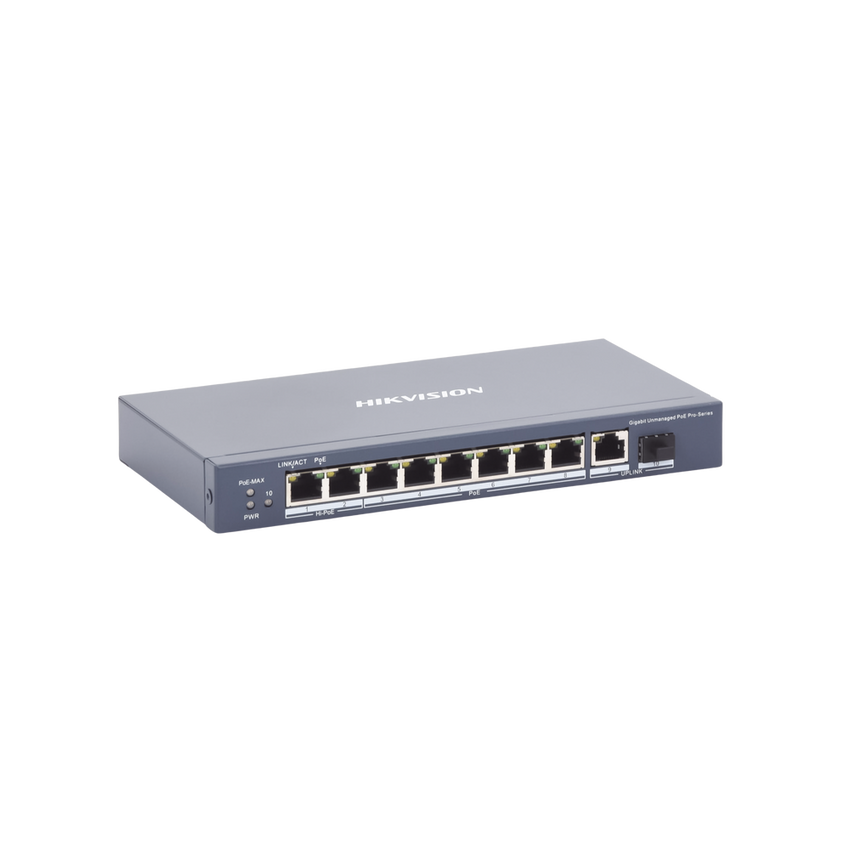 Switch PoE+ / No Administrable / 7 Puertos 1000 Mbps 802.3 af/at (30 W) / 2 Puertos 1000 Mbps Hi-PoE (90 W) / 1 Puertos 1000 Mbps Uplink / 1 Puerto SFP / Modo Extendido hasta 300 Metros / 110 Watts