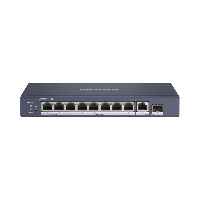 Switch PoE+ / No Administrable / 7 Puertos 1000 Mbps 802.3 af/at (30 W) / 2 Puertos 1000 Mbps Hi-PoE (90 W) / 1 Puertos 1000 Mbps Uplink / 1 Puerto SFP / Modo Extendido hasta 300 Metros / 110 Watts