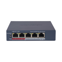 Switch PoE+ / Monitoreable / 4 Puertos 10/100 Mbps PoE+ / 1 Puerto 10/100 Mbps Uplink / Configuración Nube Hik-PartnerPro / Modo Extendido hasta 300 Metros /  45 W