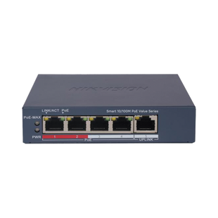 Switch PoE+ / Monitoreable / 4 Puertos 10/100 Mbps PoE+ / 1 Puerto 10/100 Mbps Uplink / Configuración Nube Hik-PartnerPro / Modo Extendido hasta 300 Metros /  45 W