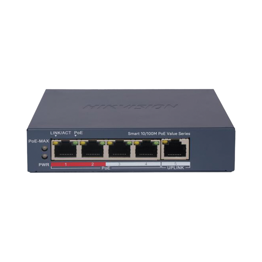 Switch PoE+ / Monitoreable / 4 Puertos 10/100 Mbps PoE+ / 1 Puerto 10/100 Mbps Uplink / Configuración Nube Hik-PartnerPro / Modo Extendido hasta 300 Metros /  45 W