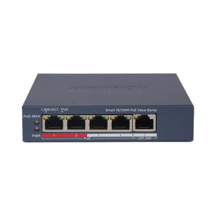 Switch PoE+ / Administrable / 4 Puertos 10/100 Mbps PoE+ / 1 Puerto 10/100 Mbps Uplink / Configuración Nube Hik-PartnerPro / Modo Extendido hasta 300 Metros /  45 W