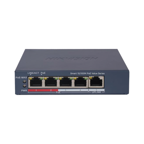 Switch PoE+ / Administrable / 4 Puertos 10/100 Mbps PoE+ / 1 Puerto 10/100 Mbps Uplink / Configuración Nube Hik-PartnerPro / Modo Extendido hasta 300 Metros /  45 W