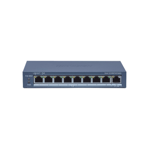 Switch Administrable PoE+ / 8 puertos 100 Mbps PoE+ / 1 puerto 1000 Mbps de Uplink / PoE hasta 300 Metros / Conexión Remota desde Hik-ParnerPro / 110 W