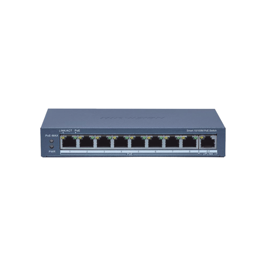 Switch Administrable PoE+ / 8 puertos 100 Mbps PoE+ / 1 puerto 1000 Mbps de Uplink / PoE hasta 300 Metros / Conexión Remota desde Hik-ParnerPro / 110 W