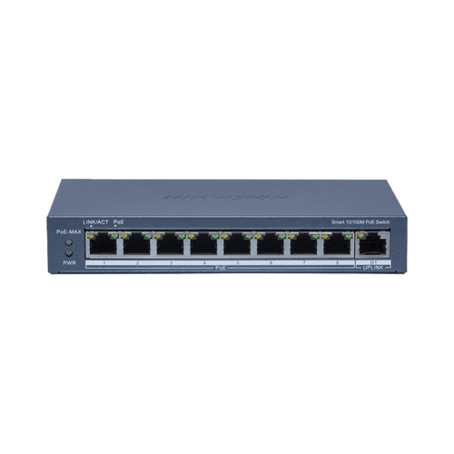 Switch PoE+ / Monitoreable / 8 Puertos 10/100 Mbps PoE+ / 1 Puerto 1000 Mbps Uplink /  Configuración Nube Hik-Partner Pro / Modo Extendido hasta 300 metros / 60 W