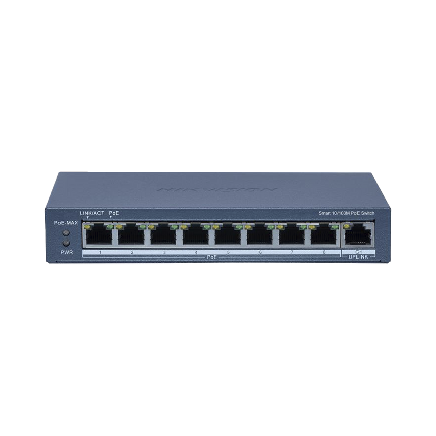 Switch PoE+ / Monitoreable / 8 Puertos 10/100 Mbps PoE+ / 1 Puerto 1000 Mbps Uplink /  Configuración Nube Hik-Partner Pro / Modo Extendido hasta 300 metros / 60 W