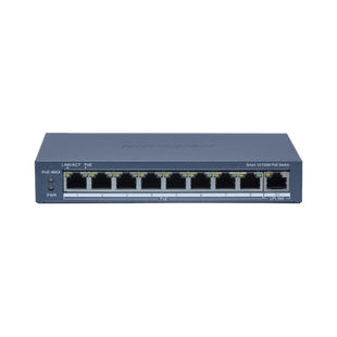 Switch PoE+ / Monitoreable / 8 Puertos 10/100 Mbps PoE+ / 1 Puerto 1000 Mbps Uplink /  Configuración Nube Hik-Partner Pro / Modo Extendido hasta 300 metros / 60 W