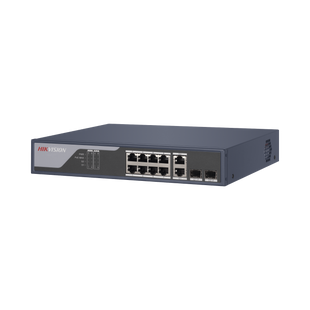 Switch PoE+ / Administrable / Uso en Rack (1 U) / 8 Puertos PoE+ / 2 Puertos SFP / 2 Puertos Uplink Gigabit / Configuración Remota desde Hik-PartnerPro / PoE Hasta 300 Metros / 125 W