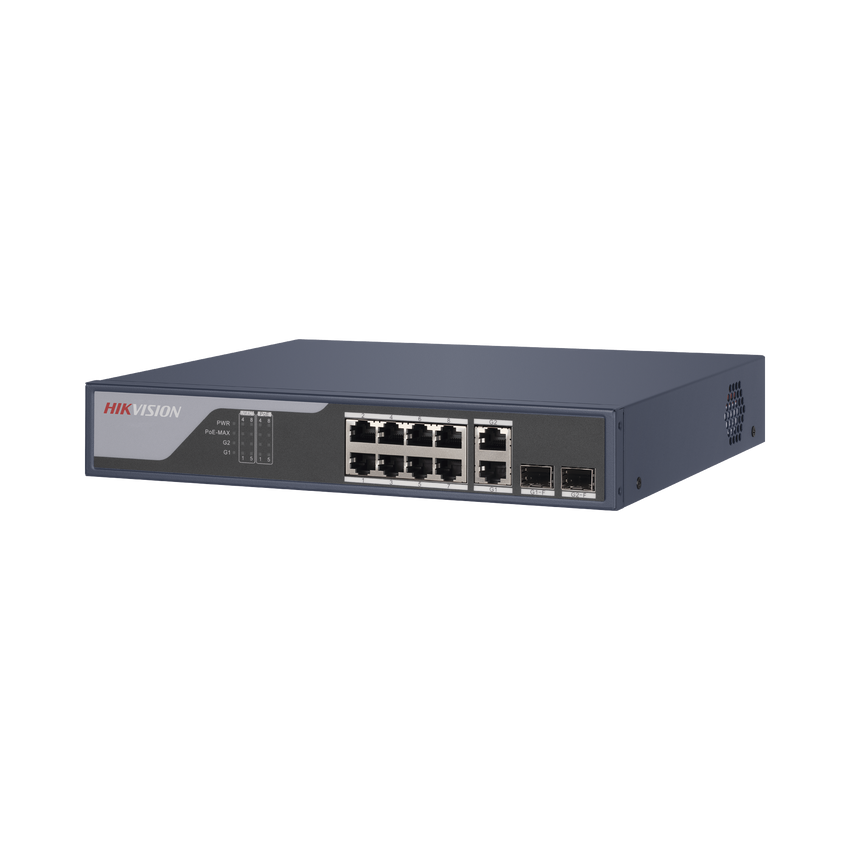 Switch PoE+ / Administrable / Uso en Rack (1 U) / 8 Puertos PoE+ / 2 Puertos SFP / 2 Puertos Uplink Gigabit / Configuración Remota desde Hik-PartnerPro / PoE Hasta 300 Metros / 125 W