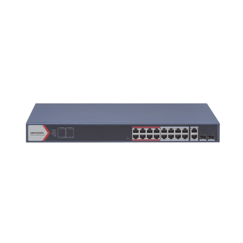 Switch PoE+ / Monitoreable / 16 puertos 10/100 Mbps PoE+ / 2 Puertos 1000 Mbps Uplink / 2 Puertos SFP de Uplink /  Configuración Nube Hik-Partner Pro / Modo Extendido hasta 300 metros / 230 W