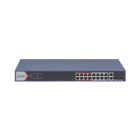 Switch PoE+ / Monitoreable / 16 puertos 10/100 Mbps PoE+ / 2 Puertos 1000 Mbps Uplink / 2 Puertos SFP de Uplink /  Configuración Nube Hik-Partner Pro / Modo Extendido hasta 300 metros / 230 W