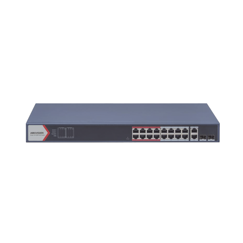 Switch PoE+ / Monitoreable / 16 puertos 10/100 Mbps PoE+ / 2 Puertos 1000 Mbps Uplink / 2 Puertos SFP de Uplink /  Configuración Nube Hik-Partner Pro / Modo Extendido hasta 300 metros / 230 W