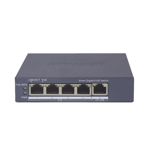 Switch Gigabit PoE+ / Administrable / 4 Puertos 1000 Mbps PoE+ / 1 Puerto 1000 Mbps Uplink / Configuración Nube Hik-PartnerPro / Modo Extendido hasta 300 Metros / 60 Watts