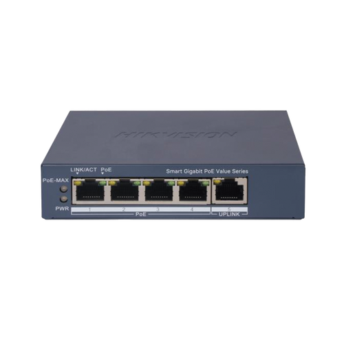 Switch Gigabit PoE+ / Monitoreable / 4 Puertos 1000 Mbps PoE+ / 1 Puerto 1000 Mbps Uplink / Configuración Nube Hik-PartnerPro / Modo Extendido hasta 300 Metros / 45 Watts