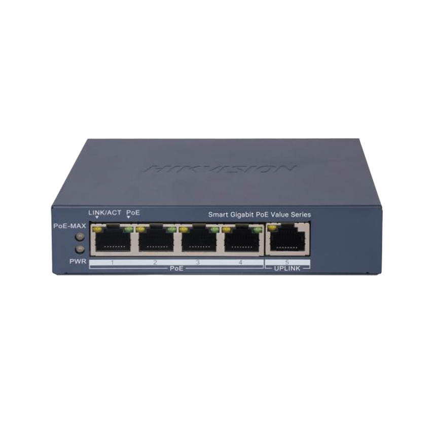 Switch Gigabit PoE+ / Administrable / 4 Puertos 1000 Mbps PoE+ / 1 Puerto 1000 Mbps Uplink / Configuración Nube Hik-PartnerPro / Modo Extendido hasta 300 Metros / 45 Watts