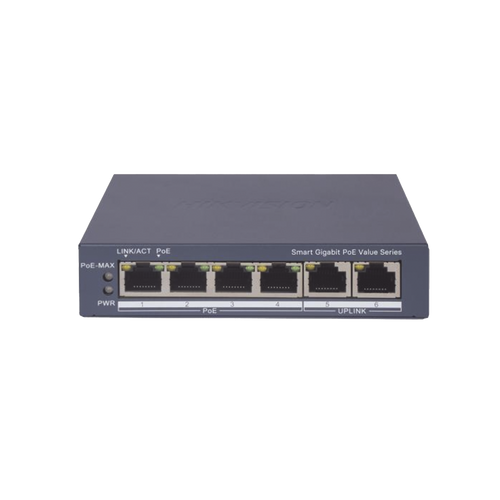 Switch Gigabit PoE+ / Administrable / 4 Puertos 1000 Mbps PoE+ / 2 Puertos 1000 Mbps Uplink / Configuración Nube Hik-PartnerPro / Modo Extendido hasta 300 Metros / 45 Watts
