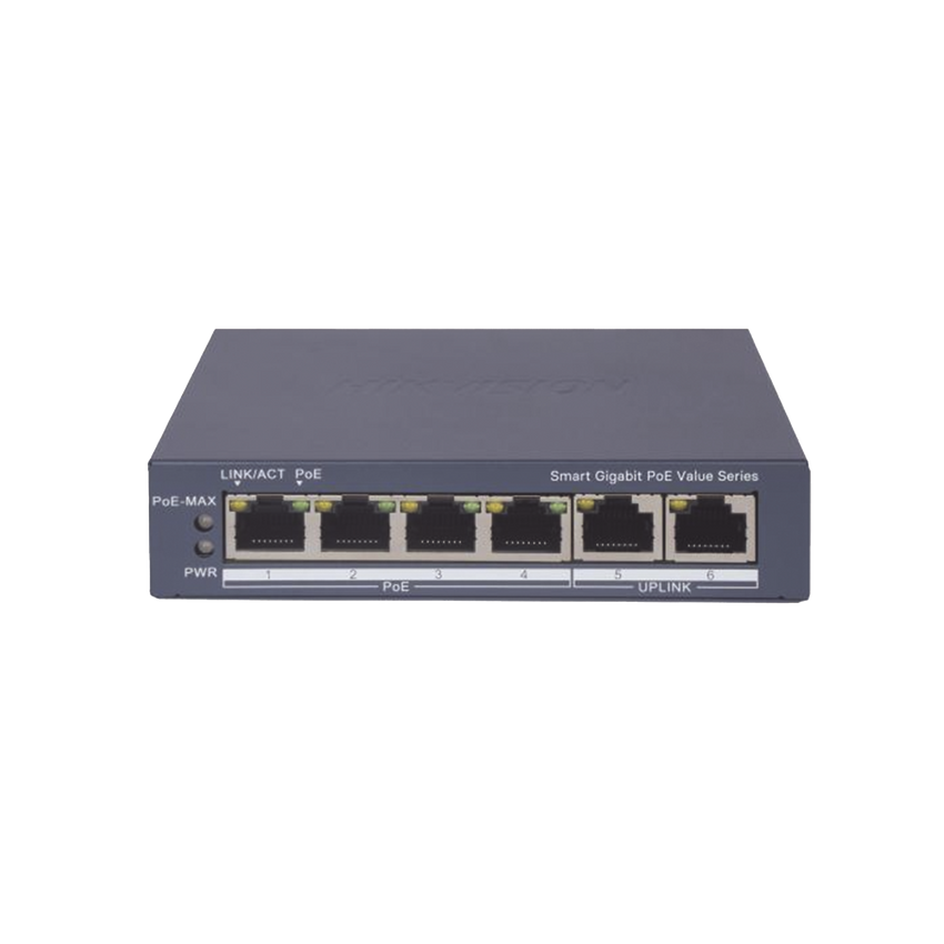 Switch Gigabit PoE+ / Administrable / 4 Puertos 1000 Mbps PoE+ / 2 Puertos 1000 Mbps Uplink / Configuración Nube Hik-PartnerPro / Modo Extendido hasta 300 Metros / 45 Watts