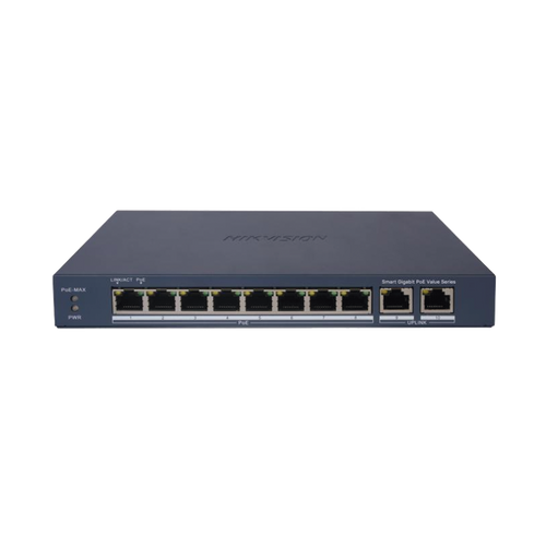Switch Gigabit PoE+ / Administrable / 8 Puertos 1000 Mbps PoE+ / 2 Puertos 1000 Mbps de Uplink / Configuración Nube Hik-PartnerPro / Modo Extendido hasta 300 Metros / 60 W