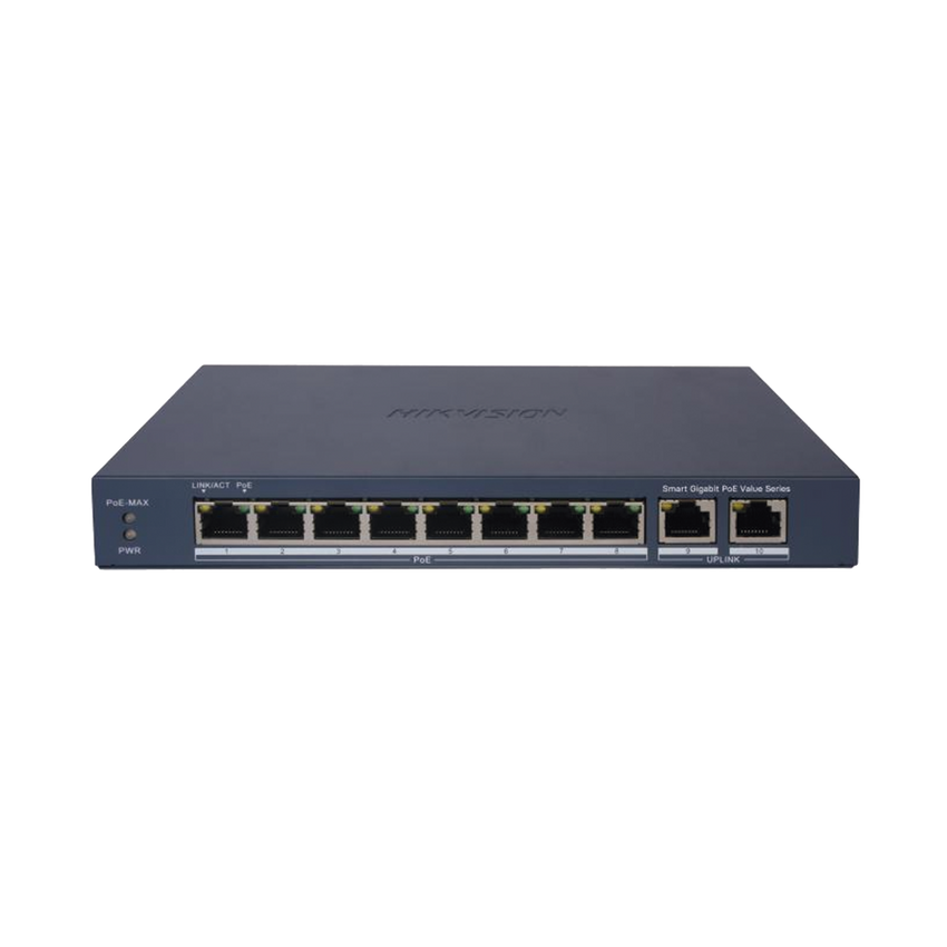 Switch Gigabit PoE+ / Administrable / 8 Puertos 1000 Mbps PoE+ / 2 Puertos 1000 Mbps de Uplink / Configuración Remota desde Hik-PartnerPro / Modo Extendido hasta 300 Metros / 60 W