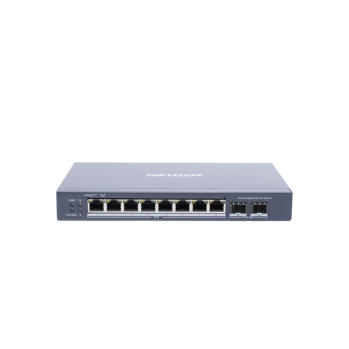 Switch Gigabit PoE+ / Administrable / 8 Puertos Gigabit PoE+ / 2 Puertos SFP / Configuración Nube Hik-Partner Pro / Modo Extendido hasta 300 Metros / 110 W