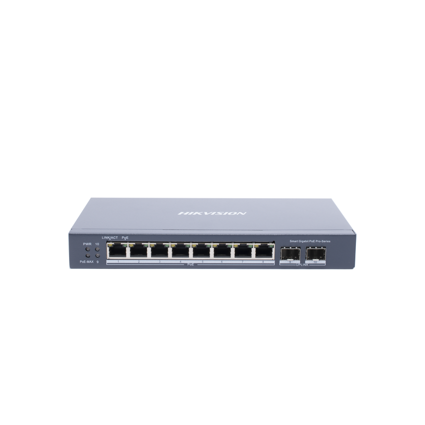 Switch Gigabit PoE+ / Administrable / 8 Puertos Gigabit PoE+ / 2 Puertos SFP / Configuración Remota desde Hik-PartnerPro / PoE Hasta 300 Metros / 110 W