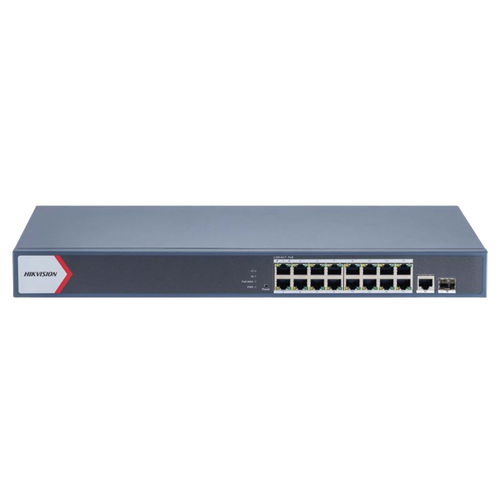Switch Gigabit PoE+ / Administrable / 16 Puertos 1000 Mbps PoE+ / 1 Puerto 1000 Mbps de Uplink / 1 Puerto SFP /  Configuración Nube desde Hik-Partner Pro / Modo Extendido hasta 300 Metros / 230 Watts