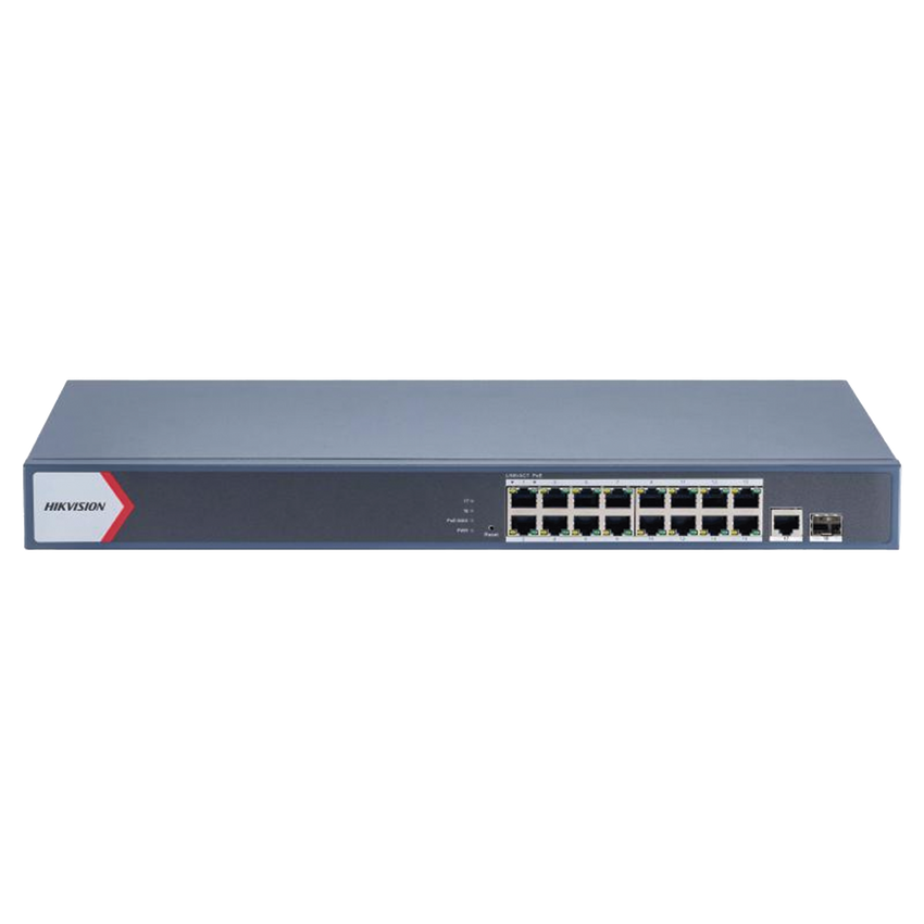 Switch Gigabit PoE+ / Administrable / 16 Puertos 1000 Mbps PoE+ / 1 Puerto 1000 Mbps de Uplink / 1 Puerto SFP /  Configuración Remota desde Hik-PartnerPro / Modo Extendido hasta 300 Metros / 130 Watts