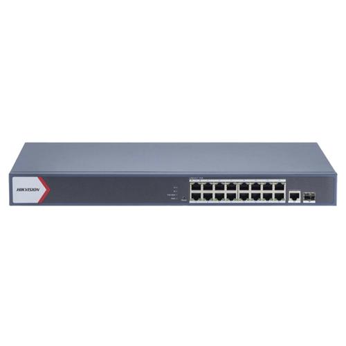 Switch Gigabit PoE+ / Monitoreable / 16 Puertos 1000 Mbps PoE+ / 1 Puerto 1000 Mbps de Uplink / 1 Puerto SFP /  Configuración Nube desde Hik-PartnerPro / Modo Extendido hasta 300 Metros / 130 Watts