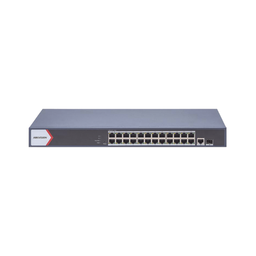Switch Gigabit PoE+ / Administrable / 24 Puertos 1000 Mbps PoE+ /  1 Puerto 100 uplink / 1 Puerto 1000 Mbps Uplink / 1 Puertos SFP Uplink / Configuración Nube desde Hik-PartnerPro / Modo Extendido hasta 300 Metros / 370 W