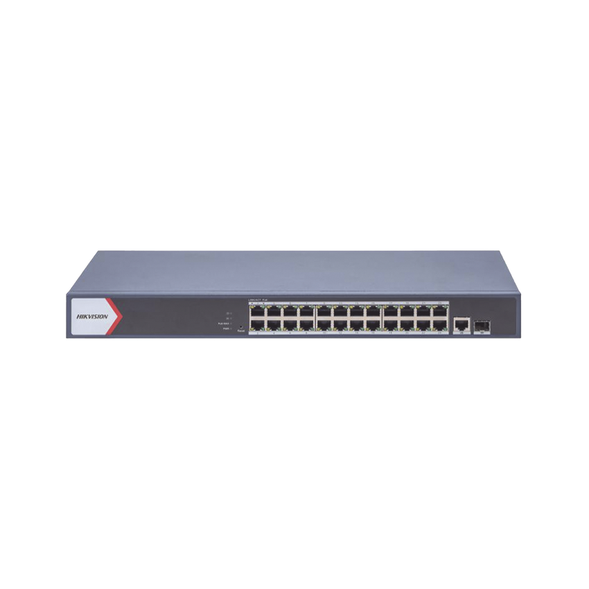 Switch Gigabit PoE+ / Administrable / 24 Puertos 1000 Mbps PoE+ /  1 Puerto 100 uplink / 1 Puerto 1000 Mbps Uplink / 1 Puertos SFP Uplink / Configuración Remota desde Hik-PartnerPro / Modo Extendido hasta 300 Metros / 370 W