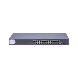 Switch Gigabit PoE+ / Administrable / 24 Puertos 1000 Mbps PoE+ / 1 Puerto 1000 Mbps Uplink  / 1 Puertos SFP Uplink  Configuración Remota desde Hik-PartnerPro /Modo Extendido hasta 300 Metros / 230 W