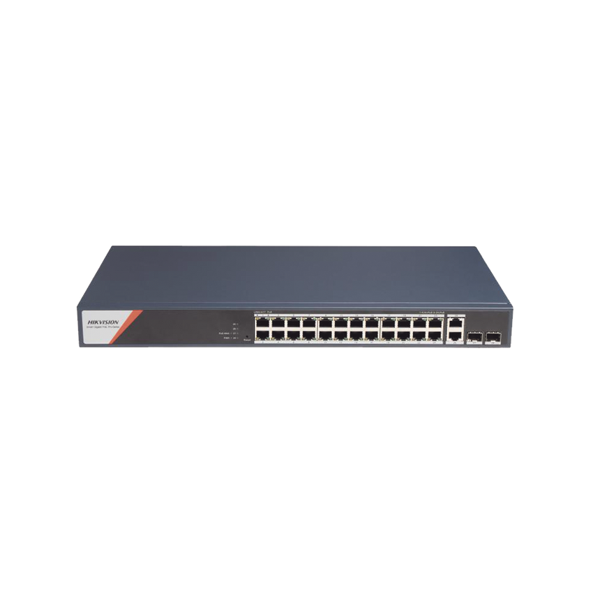 Switch Gigabit PoE+ / Administrable / 24 Puertos 1000 Mbps PoE+ (4 Puertos PoE++ 90 W) / 2 Puertos 1000 Mbps de Uplink / 2 Puertos SFP / Configuración Nube Hik-PartnerPro / Modo Extendido hasta 300 Metros / 370 W