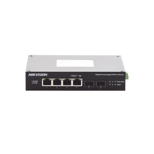 Switch Industrial No Administrable Gigabit / 3 Puertos Gigabit PoE+ (30 W) + 1 Puerto Gigabit PoE++ (60 W) / 2 Puertos SFP / 65 W Total / 48 a 57 VCD / Ideal para Proyectos / 300 Metros de Distancia