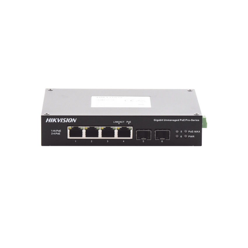 Switch Industrial No Administrable Gigabit / 3 Puertos Gigabit PoE+ (30 W) + 1 Puerto Gigabit PoE++ (60 W) / 2 Puertos SFP / 65 W Total / 48 a 57 VCD / Ideal para Proyectos / 300 Metros de Distancia