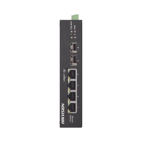 Switch Industrial No Administrable Gigabit / 3 Puertos Gigabit PoE+ (30 W) + 1 Puerto Gigabit PoE++ (60 W) / 2 Puertos SFP / 65 W Total / 48 a 57 VCD / Ideal para Proyectos / 300 Metros de Distancia