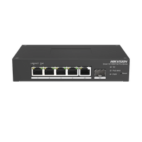 Switch PoE+ Industrial de Escritorio / Administrable / 4 Puertos 10/100 Mbps PoE+ / 1 Puerto 1000 Mbps Uplink / 1 Puertos SFP  /  Configuración Nube Hik-PartnerPro / Modo Extendido hasta 300 Metros / 60 Watts