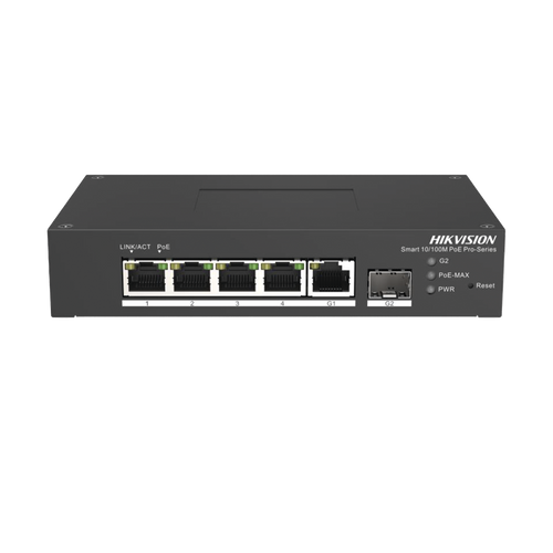 Switch PoE+ Industrial de Escritorio / Administrable / 4 Puertos 10/100 Mbps PoE+ / 1 Puerto 1000 Mbps Uplink / 1 Puertos SFP  /  Configuración Nube Hik-PartnerPro / Modo Extendido hasta 300 Metros / 60 Watts