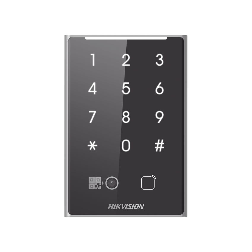 Lector de Tarjetas PROX EM y de Códigos QR / Teclado para Contraseña / Compatible con Controladores DSK2600 Series Hikvision / Comunicación RS485 y WIEGAND / IP65