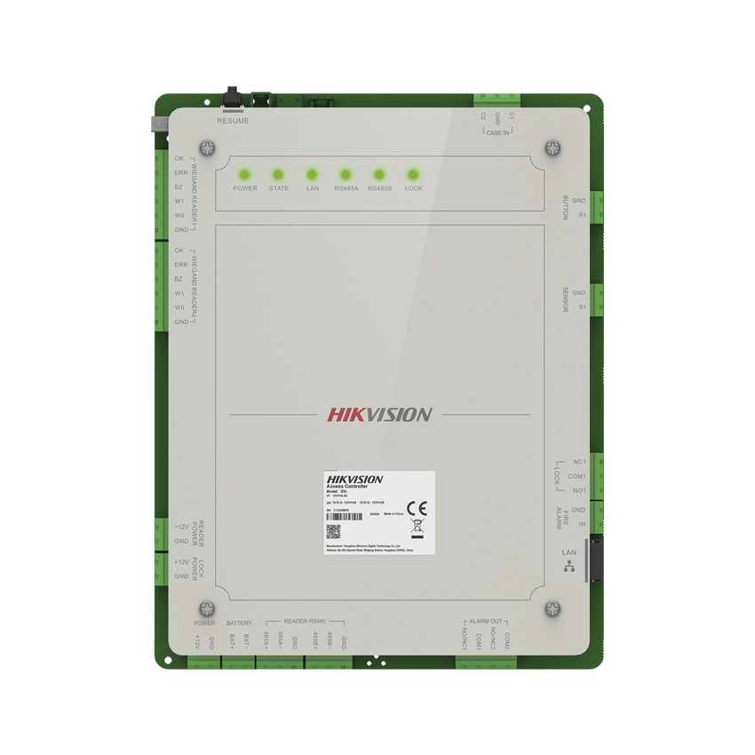Controlador de Acceso 1 Puerta Administrable en la Nube con Hik-Connect Teams / Interfaz Web / 2 Lectores de Huella o Tarjeta / 100,000 Tarjetas / 10,000 Huellas / Incluye Gabinete y Fuente de Alimentación 12v 4A / Soporta Batería de Respald