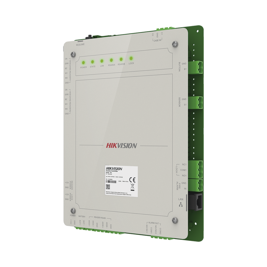 Controlador de Acceso 1 Puerta Administrable en la Nube con Hik-Connect Teams / Interfaz Web / 2 Lectores de Huella o Tarjeta / 100,000 Tarjetas / 10,000 Huellas / Incluye Gabinete y Fuente de Alimentación 12v 4A / Soporta Batería de Respald