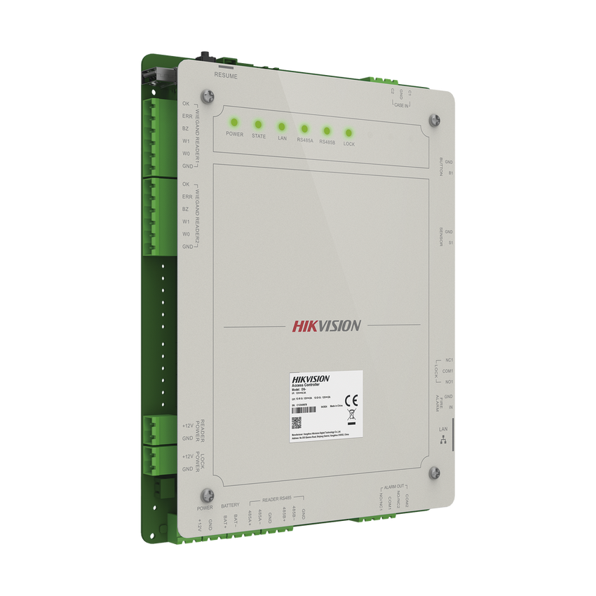 Controlador de Acceso 1 Puerta Administrable en la Nube con Hik-Connect Teams / Interfaz Web / 2 Lectores de Huella o Tarjeta / 100,000 Tarjetas / 10,000 Huellas / Incluye Gabinete y Fuente de Alimentación 12v 4A / Soporta Batería de Respald